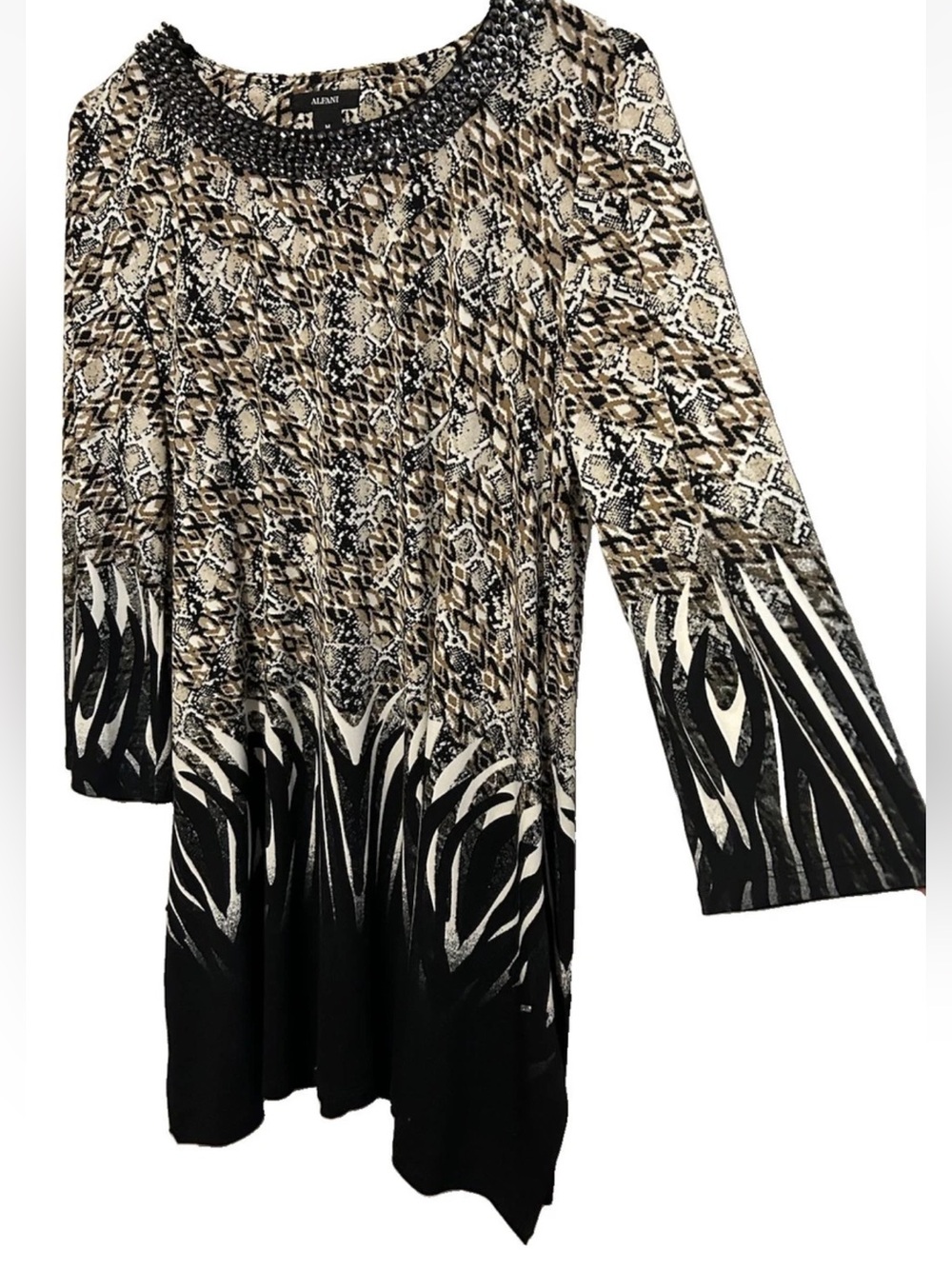 Alfani Top M Black and Beige Animal Print Beaded Stretch Knit Tunic Shirt Blouse